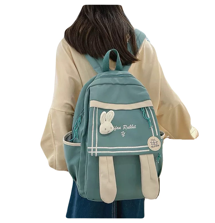 Cute Rabbit Ears Backpack for Teen Girls Kawaii Nylon School Bag with Plush Rabbit Decoration